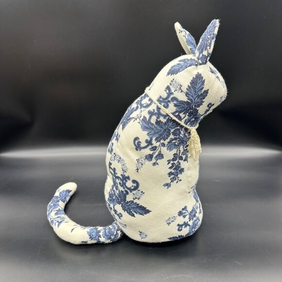 Handmade Stuffed Cat Blue White Floral Fabric Kitty Decorative Retro Flowers - Picture 5 of 8